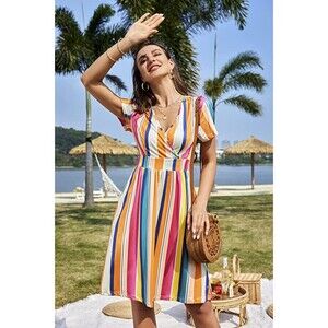 Vote Pretty V-Neck Rainbow Striped Short Sleeve Dress Sz L